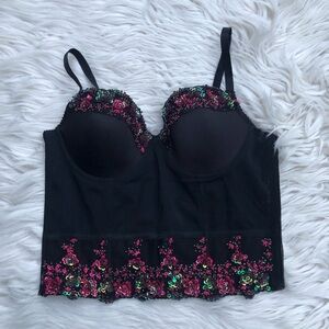 Bebe Selena 3D Beaded Sequin Pink Roses Floral Black Bustier size M NWT